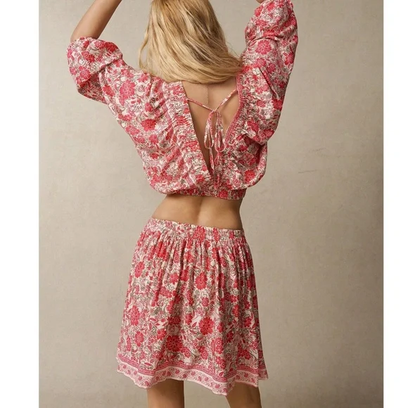 Boho Floral Print V neck Cropped Top Stretchy Waist Mini Skirt Set